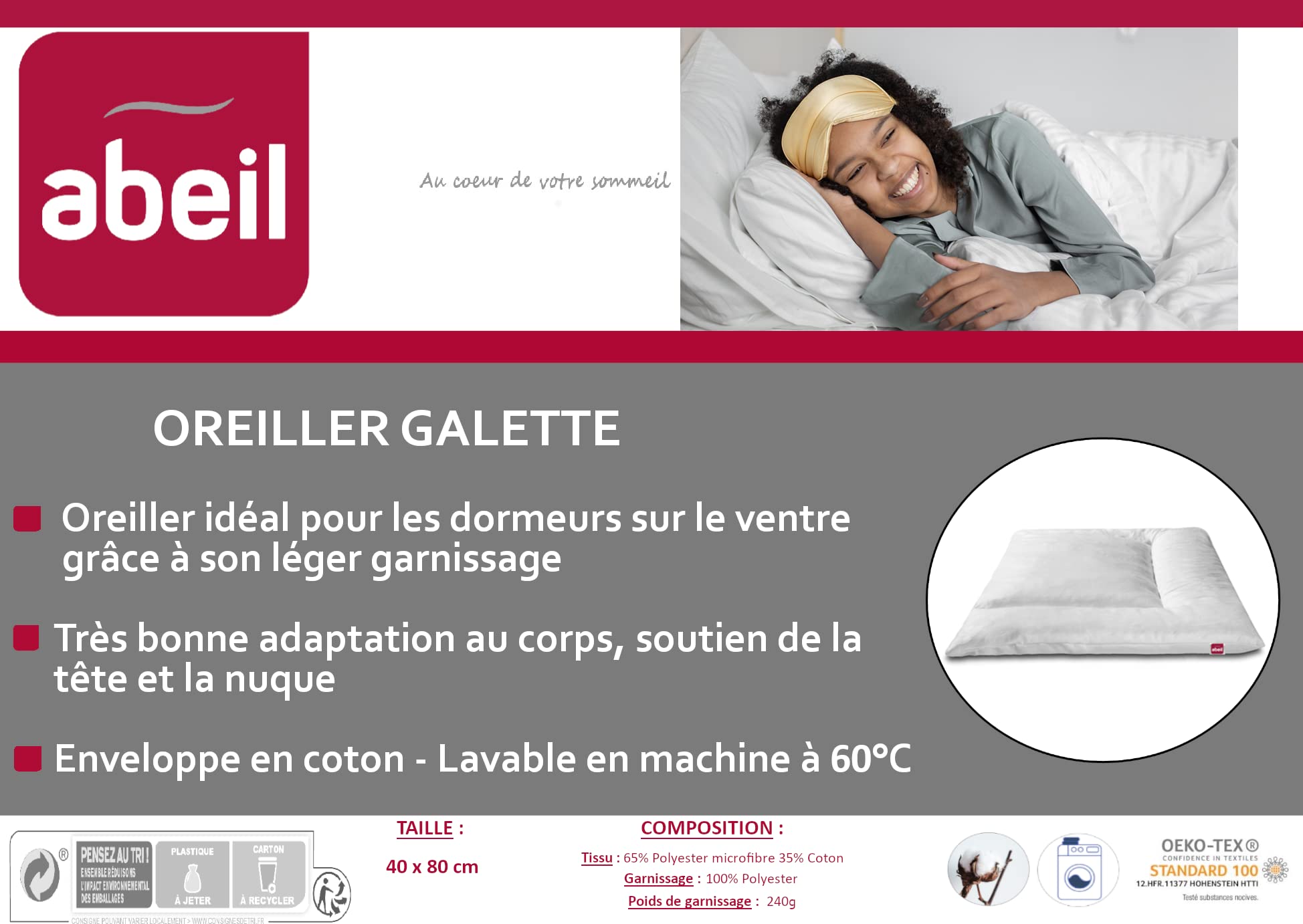 abeil-oreillers-moelleux-galette-40x80-oreiller-plat-ventre image 3