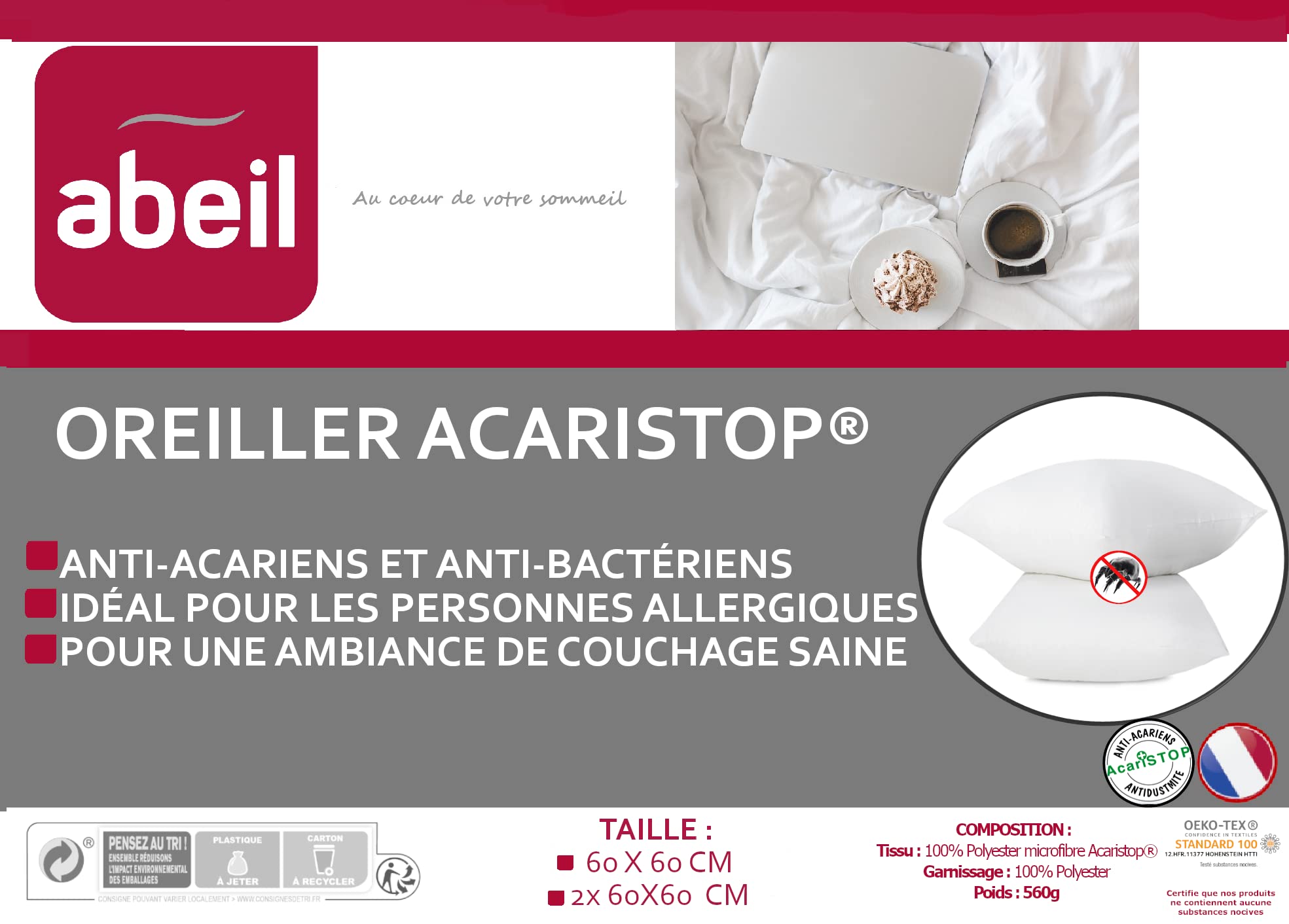 abeil-oreillers-moelleux-acaristop-oreiller-60x60-lot-de-2-anti-acariens image 3