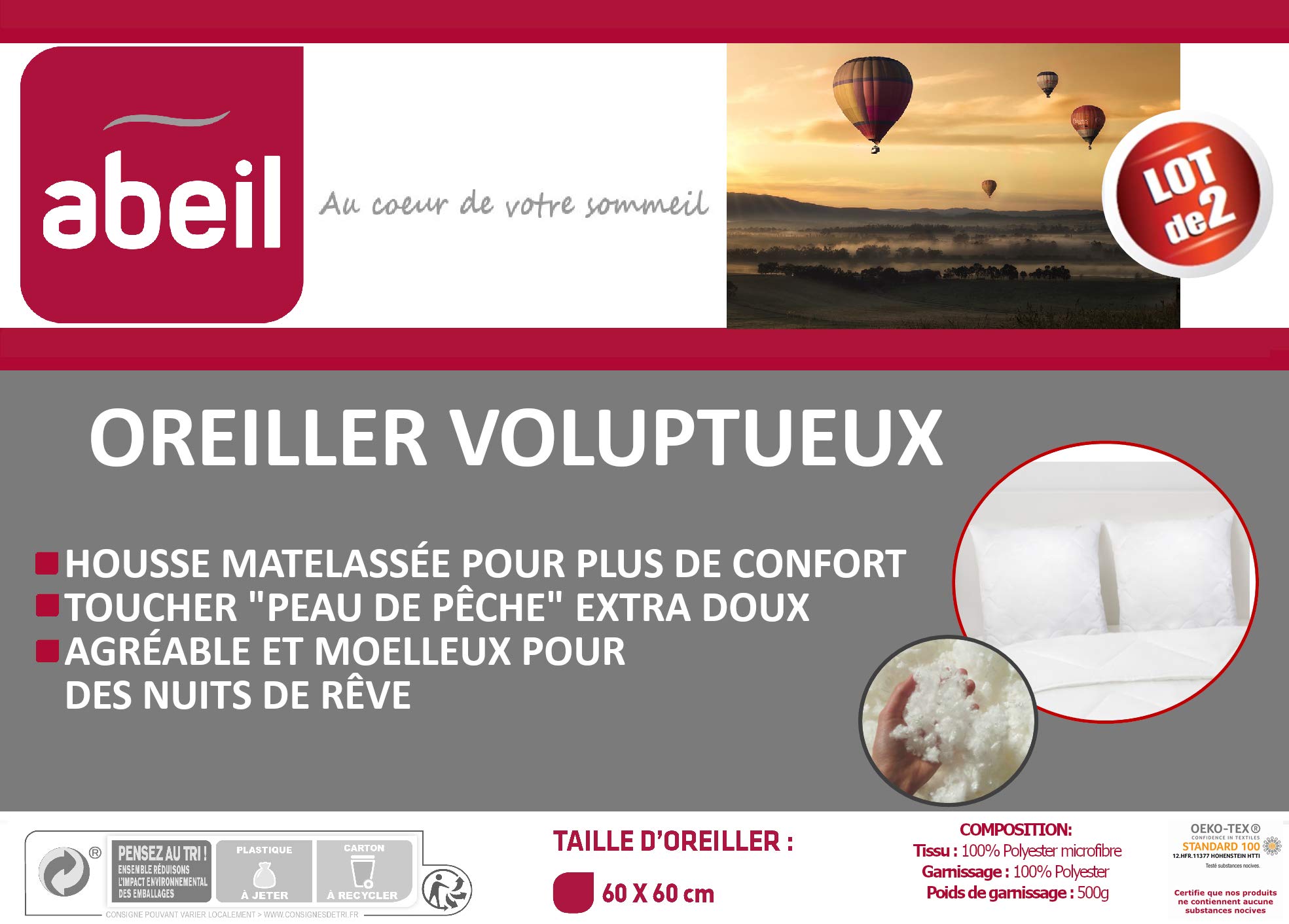 abeil-oreillers-moelleux-voluptueux-oreiller-60x60-lot-de-2-matelass image 2