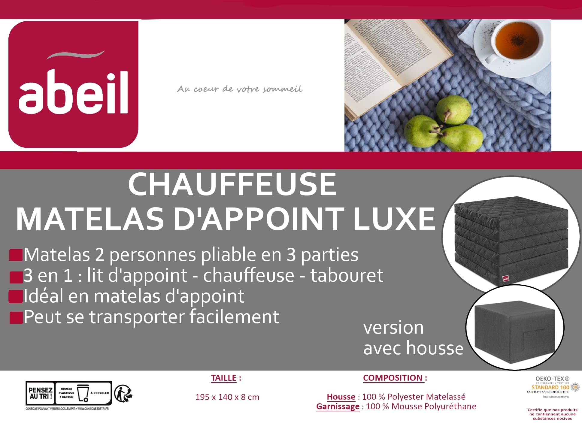 abeil-matelas-chauffeuse-d-appoint-2-personnes-housse-grise image 7