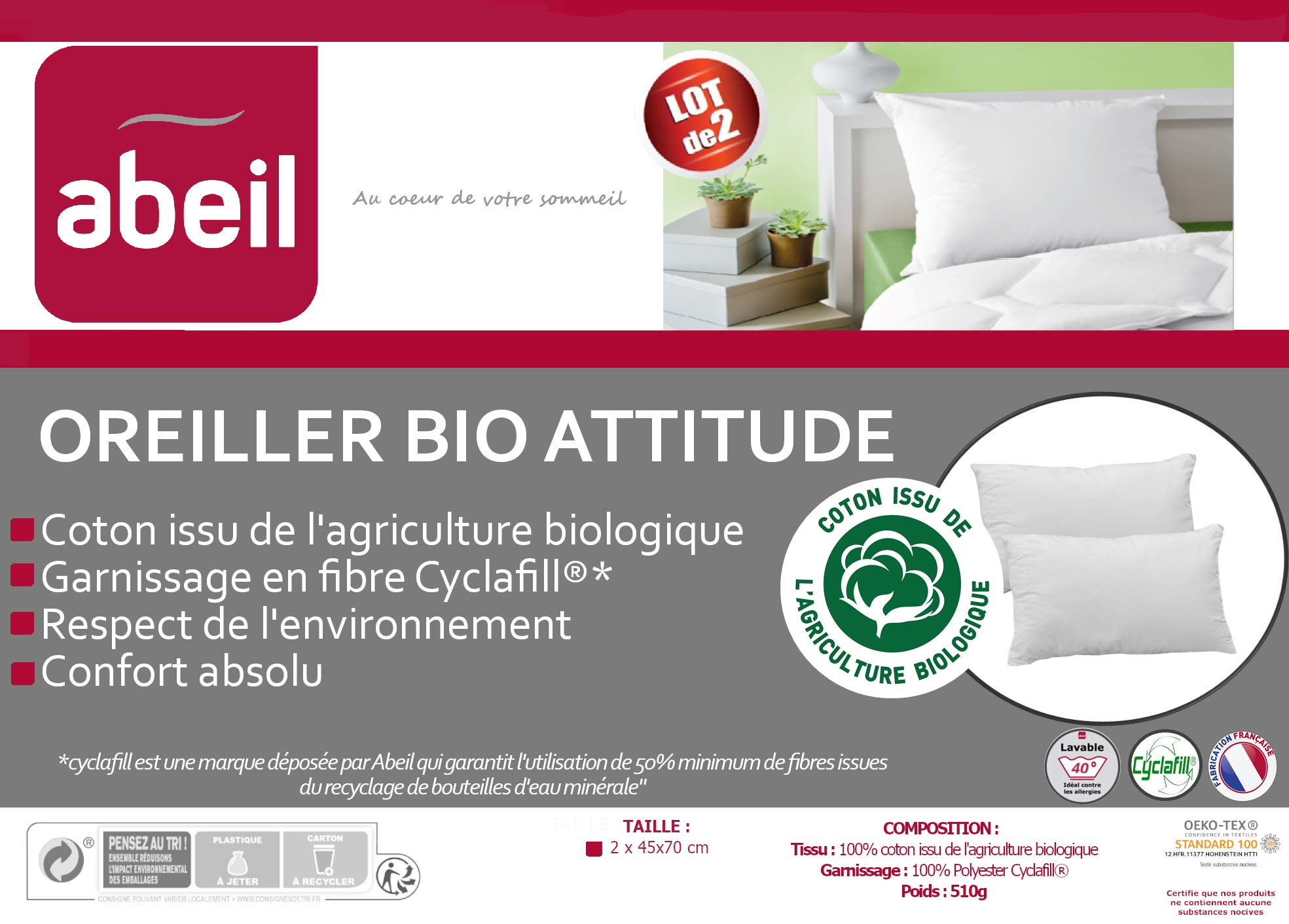 abeil-bio-attitude-lot-de-2-oreillers-45x70-coton-bio image 4
