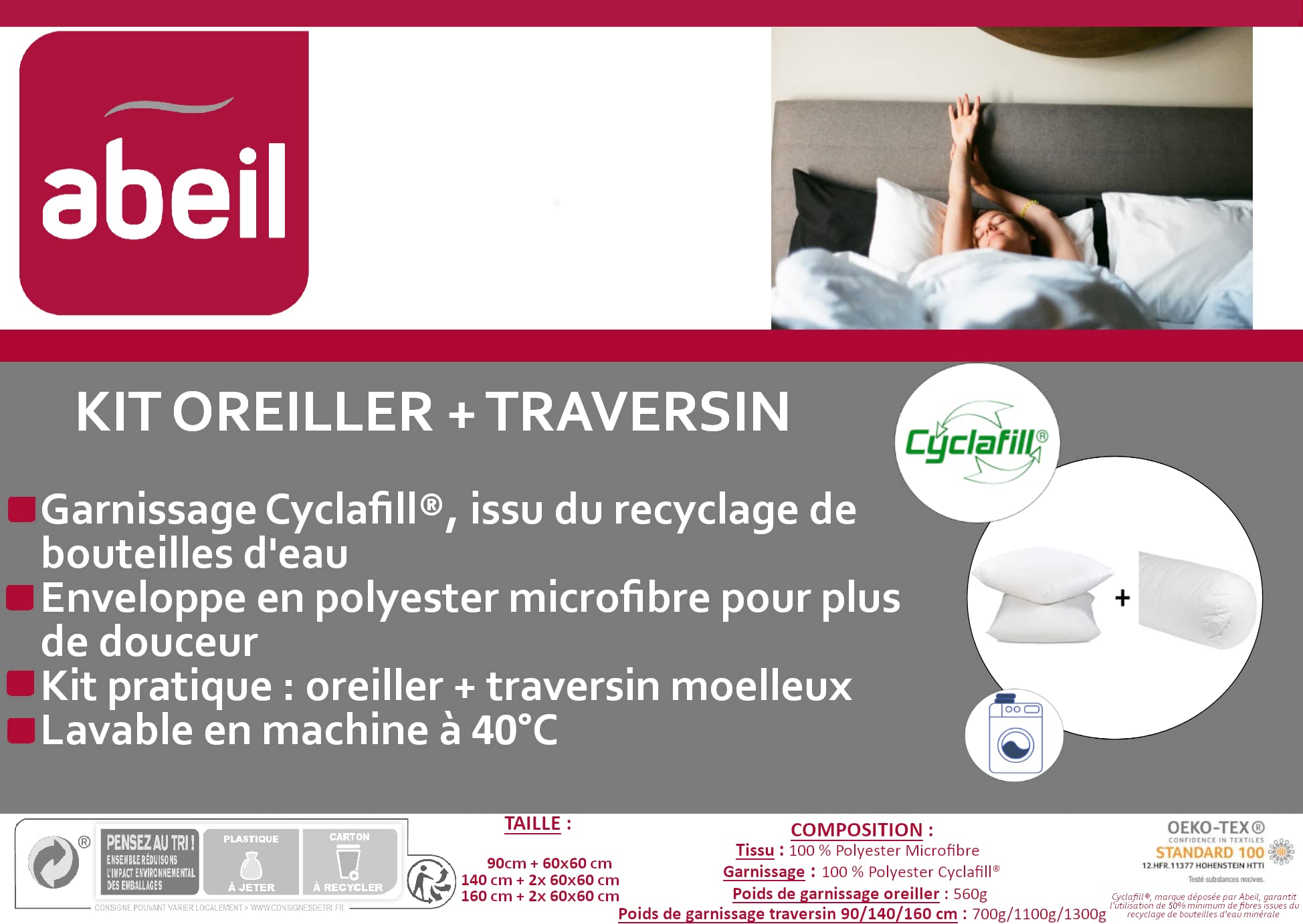 abeil-oreillers-moelleux-kit-oreiller-60x60-traversin-90-cm image 2